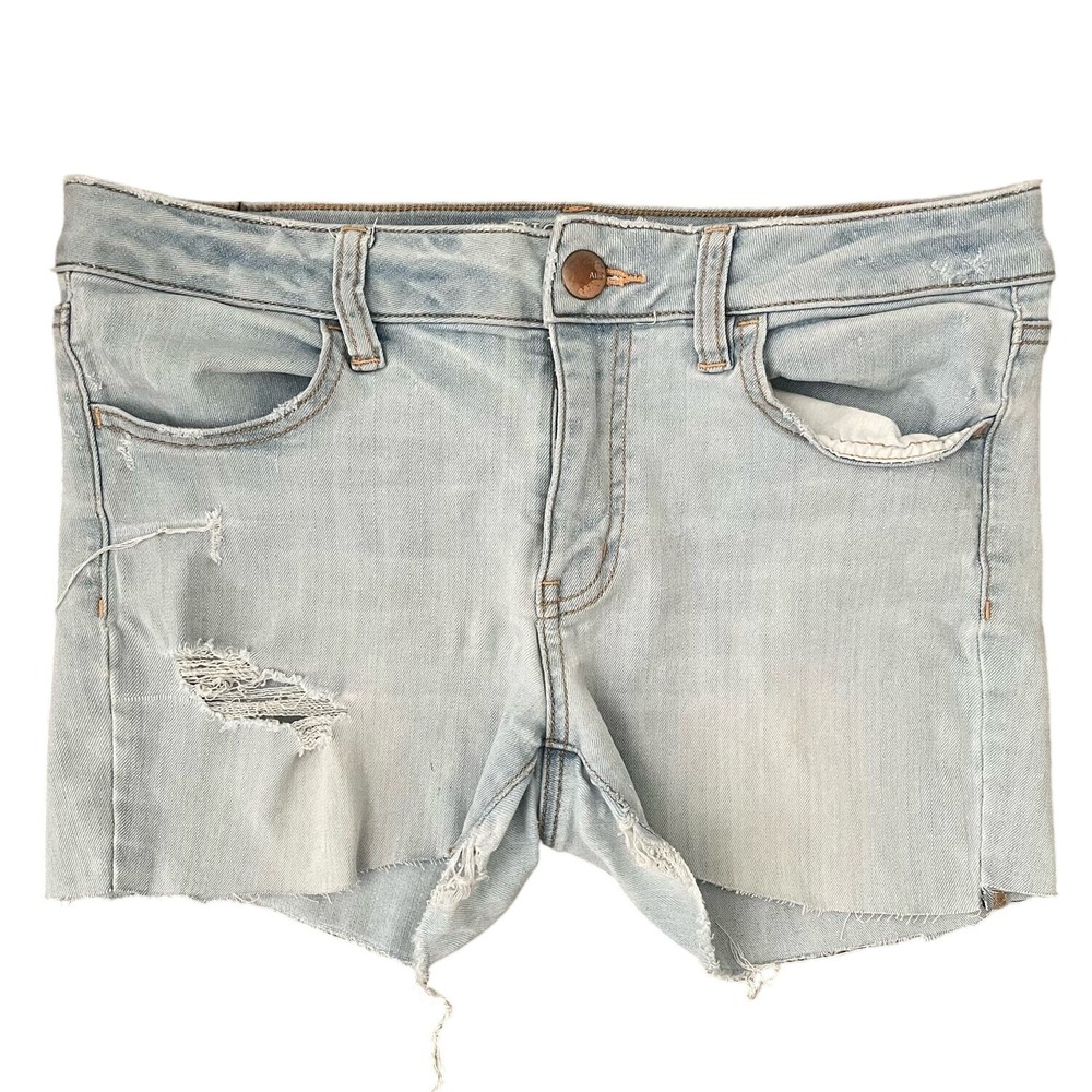 American Eagle‎ Denim Shorts Size 8 Distressed Rips Light Wash Casual